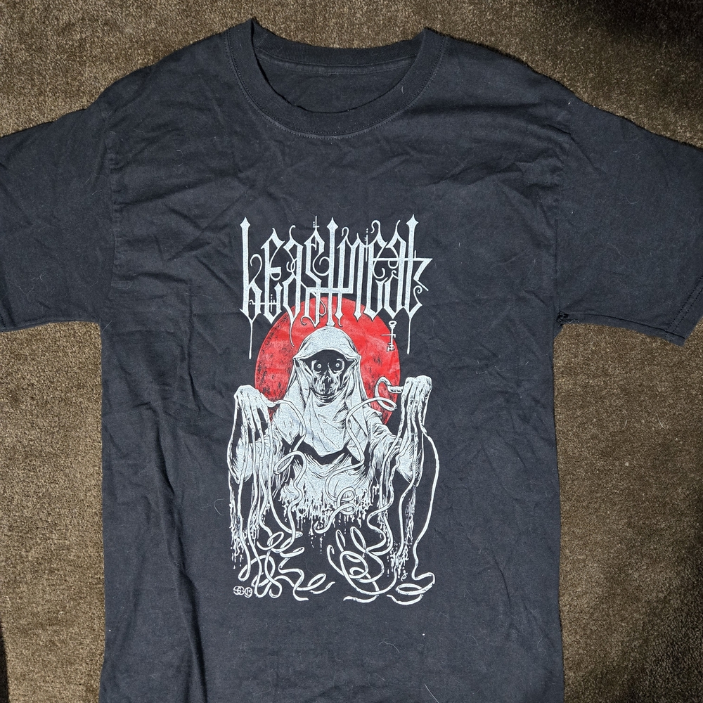 Black Graphic T-Shirt with Red and White Design